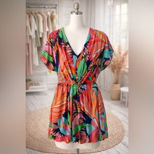 🌴🩵💗TRINA TURK-Deco Palms Tropical/Hawaiian V-Neck Dress Size 4